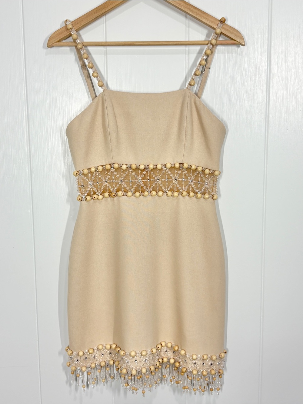 PatBO Wood & Crystal Beaded Mini Dress Size 4 Beige Linen Viscose